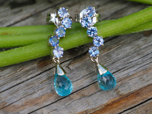 Sky blue Topazes and Tanzanite 14k solid gold earrings studs. Briolette topazes earrings. Drop earrings. Statement earrings. Blue gem studs.