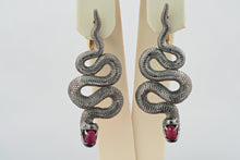 Load image into Gallery viewer, Massive snake earrings.  Genuine ruby and diamond earrings. Two metal earrings: yellow gold, silver. Black mamba earrings.