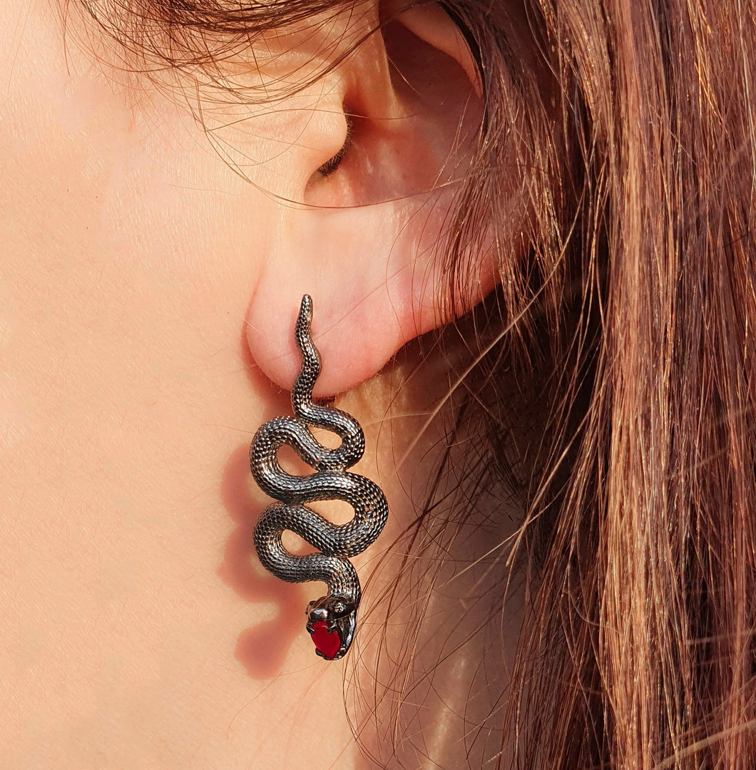 Massive snake earrings.  Genuine ruby and diamond earrings. Two metal earrings: yellow gold, silver. Black mamba earrings.