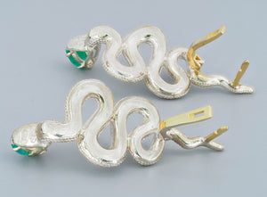 Massive snake earrings.  Genuine emerald and diamond earrings. Two metal earrings: yellow gold and silver. Serpent Earrings for Women Large