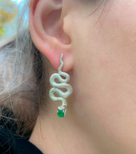 Load image into Gallery viewer, Massive snake earrings.  Genuine emerald and diamond earrings. Two metal earrings: yellow gold and silver. Serpent Earrings for Women Large