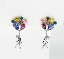 Load image into Gallery viewer, Banksy Inspired Girl with Balloons Earrings studs. 14k solid gold studs. Multicolor natural gemstone earrings. Balloon Girl gold earrings