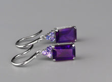 Load image into Gallery viewer, Amethyst earrings. Tanzanite earrings. 14k solid gold earrings. Octagon Shape Gemstone earrings. Purple gemstone earrings. Dangle earrings.