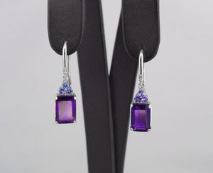 Amethyst earrings. Tanzanite earrings. 14k solid gold earrings. Octagon Shape Gemstone earrings. Purple gemstone earrings. Dangle earrings.