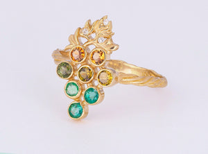 Solid 14k gold Grape ring with natural emeralds and tourmalines. May birthstone. Vine Leaves Ring. Gold fertility ring. Summer vine ring.