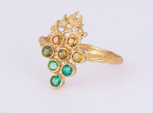 Solid 14k gold Grape ring with emeralds and tourmalines. Vine Leaves Ring. Gold fertility ring. Summer vine ring.