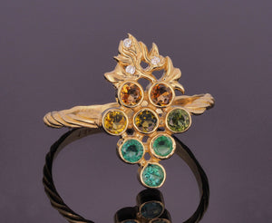 Solid 14k gold Grape ring with emeralds and tourmalines. Vine Leaves Ring. Gold fertility ring. Summer vine ring.