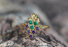 Load image into Gallery viewer, Solid 14k gold Grape ring with emeralds and amethyst. Vine Leaves Ring. Gold fertility ring. Summer vine ring. Plant ring.