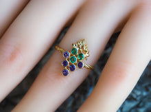 Load image into Gallery viewer, Solid 14k gold Grape ring with emeralds and amethyst. Vine Leaves Ring. Gold fertility ring. Summer vine ring. Plant ring.