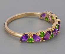 Load image into Gallery viewer, Genuine Chrom Diopside and Amethyst Eternity Ring Band. Gold Semi Eternity Band. Chrom Diopside and Amethyst Wedding Band. Stacking Ring.