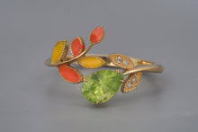 Load image into Gallery viewer, 14k gold Peridot and diamonds ring. Enamel ring. Flower Ring. Twig ring. Leaf Ring. Open Ended Ring. Forest Ring. August birthstone ring.