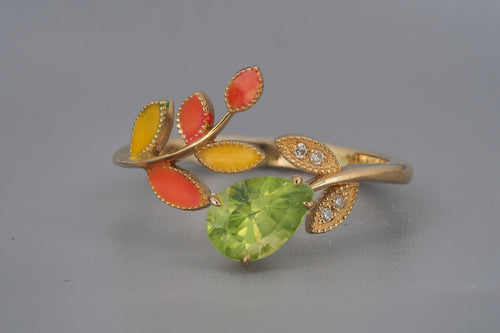 14k gold Peridot and diamonds ring. Enamel ring. Flower Ring. Twig ring. Leaf Ring. Open Ended Ring. Forest Ring. August birthstone ring.