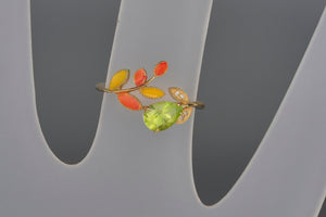 14k gold Peridot and diamonds ring. Enamel ring. Flower Ring. Twig ring. Leaf Ring. Open Ended Ring. Forest Ring. August birthstone ring.