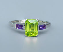 Load image into Gallery viewer, 14k solid gold ring with natural Peridot and amethyst. Apple green gemstone Ring. Baguette cut engagement ring. August birthstone ring.
