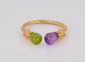 14k solid gold ring with natural Amethyst and Peridot. Briolette ring. Adjustable ring. Twisted ring. Rope ring. February birthstone.