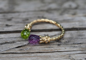 14k solid gold ring with natural Amethyst and Peridot. Briolette ring. Adjustable ring. Twisted ring. Rope ring. February birthstone.