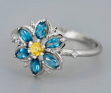 Load image into Gallery viewer, 14K Gold natural topaz and sapphire ring. Forget Me Not gold ring. Marquise ring. Floral Band With topazes and sapphire. Alaska floral.