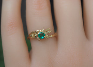 Round Emerald gold ring. 14k gold ring with emerald. Olive tree ring. Plant ring. Branch ring. Emerald engagement ring. May Birthstone Ring.