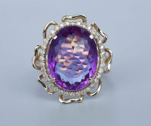 14k gold Amethyst and diamonds ring. Flower ring. Purple gemstone Ring. Cocktail ring. February birthstone ring. Floral ring.