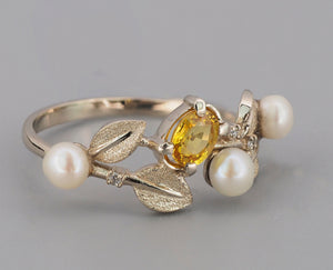14k solid gold ring with oval yellow sapphire, diamonds and pearls.  Floral ring. September birthstone ring. Branch ring. Sapphire tree ring