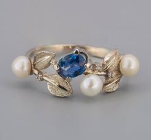 Load image into Gallery viewer, 14k solid gold ring with oval natural sapphire, diamonds and pearls. Floral ring. September birthstone. Branch ring. Sapphire tree ring.
