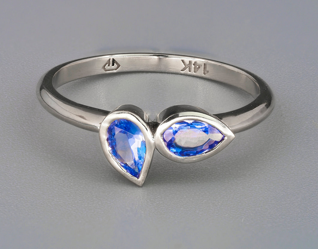 14k solid gold ring with pear tanzanites. Blue gemstone ring. 2 gemstones ring. Bezel set Genuine Tanzanite ring. Dainty Tanzanite Ring