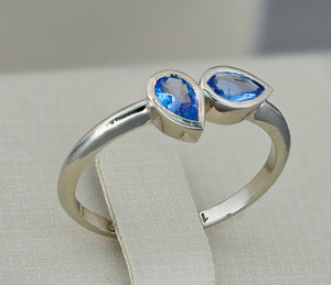 14k solid gold ring with pear tanzanites. Blue gemstone ring. 2 gemstones ring. Bezel set Genuine Tanzanite ring. Dainty Tanzanite Ring