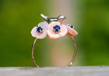 Load image into Gallery viewer, 14k gold ring with round sapphires. Shell flower gold ring. Bird on branch ring. Bird on twig ring. Blue sapphire ring. Floral gold ring.