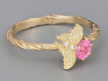 Load image into Gallery viewer, 14k gold ring with genuine natural pink sapphire. Butterfly on branch ring. Butterfly on twig ring. Nature inspired ring. Butterfly Ring