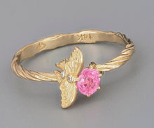 Load image into Gallery viewer, 14k gold ring with genuine natural pink sapphire. Butterfly on branch ring. Butterfly on twig ring. Nature inspired ring. Butterfly Ring