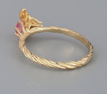 Load image into Gallery viewer, 14k gold ring with genuine natural pink sapphire. Butterfly on branch ring. Butterfly on twig ring. Nature inspired ring. Butterfly Ring