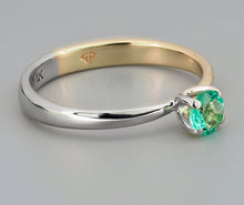 Load image into Gallery viewer, 14k gold ring with round 0.50 ct natural emerald and diamonds. White and yellow gold ring. Dainty Emerald engagement ring. May Birthstone
