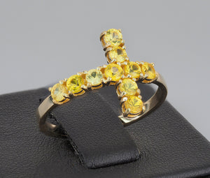 Natural Yellow Sapphire Cross Band. Elegant Cross Ring with Sapphires. Catholic cross sideways. Cross Statement Ring. Semi Eternity ring.