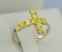 Load image into Gallery viewer, Natural Yellow Sapphire Cross Band. Elegant Cross Ring with Sapphires. Catholic cross sideways. Cross Statement Ring. Semi Eternity ring.