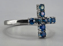Load image into Gallery viewer, Natural Blue Sapphire Cross Band. Elegant Cross Gold Ring with Natural Sapphires. September birthstone. Cross Statement Ring. Semi Eternity