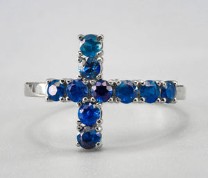 Natural Blue Sapphire Cross Band. Elegant Cross Gold Ring with Natural Sapphires. September birthstone. Cross Statement Ring. Semi Eternity