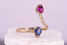 Load image into Gallery viewer, 14K Solid Gold Ring With Natural Sapphire and Garnet. Rhodolite garnet ring. Blue sapphire. Open Ended Ring. Free size. September birthstone