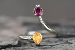 Solid 14k Gold Natural Sapphire and Garnet ring band. Rhodolite garnet ring. Yellow sapphire ring. Open Ended. Free size ring. Pear gem ring