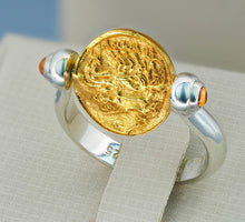 Load image into Gallery viewer, Vintage 14k Solid Gold Coin Ring. Ancient Coin Reversible Ring. Men, unisex ring. Ancient, Greece, Byzantium, Roman coin. Sapphire ring.