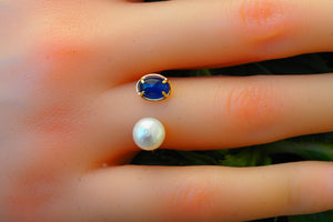 Solid 14 K Gold Sapphire September Birthstone and Pearl ring. Gold ring with sapphire. Akoya Pearl ring. Blue gemstone ring. Open Ended Ring