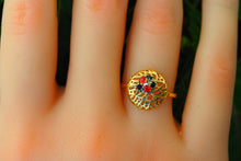 Load image into Gallery viewer, Solid 14k gold Ladybug ring with orange red natural sapphires and black spinels. Nature inspired ring. Good Luck jewelry. Mother Day Gifts.