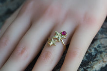 Load image into Gallery viewer, Natural Ruby and Sapphire 14k Gold Ring. Star fish ring. Ruby and sapphire ring. Orange Gemstone ring. Red gemstone ring. July birthstone
