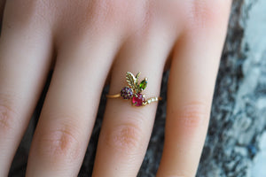 14k solid gold ring with natural ruby, sapphire, tourmaline. Gold Cherry ruby ring. Berry ring. Leaves ring. Ruby cabochon. Dainty ring.