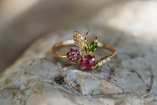 Load image into Gallery viewer, 14k solid gold ring with natural ruby, sapphire, tourmaline. Gold Cherry ruby ring. Berry ring. Leaves ring. Ruby cabochon. Dainty ring.