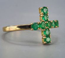 Load image into Gallery viewer, Natural Emerald Cross Ring Band. Emerald ring. Elegant Cross Ring with Emeralds. Catholic cross sideways. Statement Ring. Eternity ring.