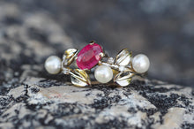 Load image into Gallery viewer, Natural ruby and pearl solid gold ring. Statement natural red ruby ring. Anniversary gift for her. July birthstone ring. Flower gold ring