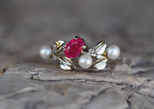 Load image into Gallery viewer, Ruby and pearl gold ring, Statement red ruby ring, Anniversary gift for her, Luxury dinner ruby ring, July birthstone ring. Flower gold ring