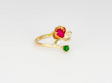 Load image into Gallery viewer, Ruby gold ring. Russian chrome diopside ring. Water lily ring. 14k gold ring.  Statement ruby ring. July birthstone ring. Flower gold ring.