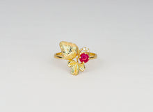 Load image into Gallery viewer, Natural Ruby and diamonds 14k solid gold ring. Strawberry solid gold ring. Gold berry ring. July birthstone ring. Flower ring. Cabochon ruby