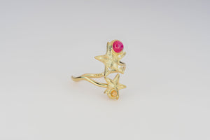 Natural Ruby and Sapphire 14k Gold Ring. Star fish ring. Ruby and sapphire ring. Orange Gemstone ring. Red gemstone ring. July birthstone